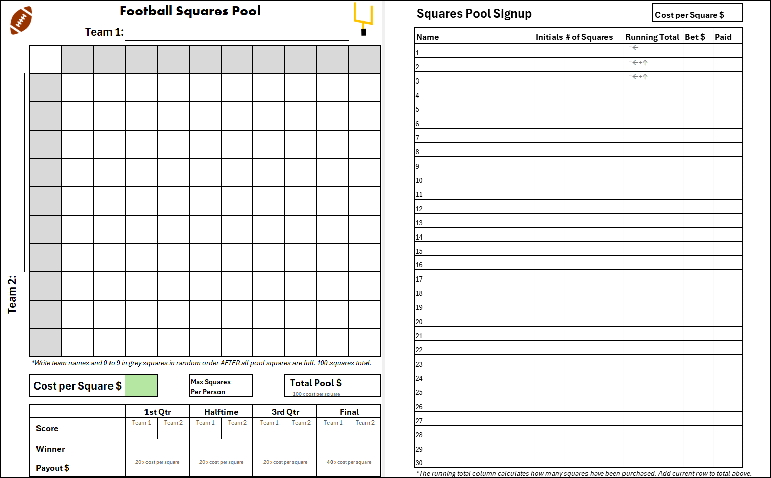 football squares pool - free downloads for pdf, excel, google